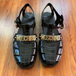 Moschino Gold Logo Plated Rubber Slingback Strappy Sandals